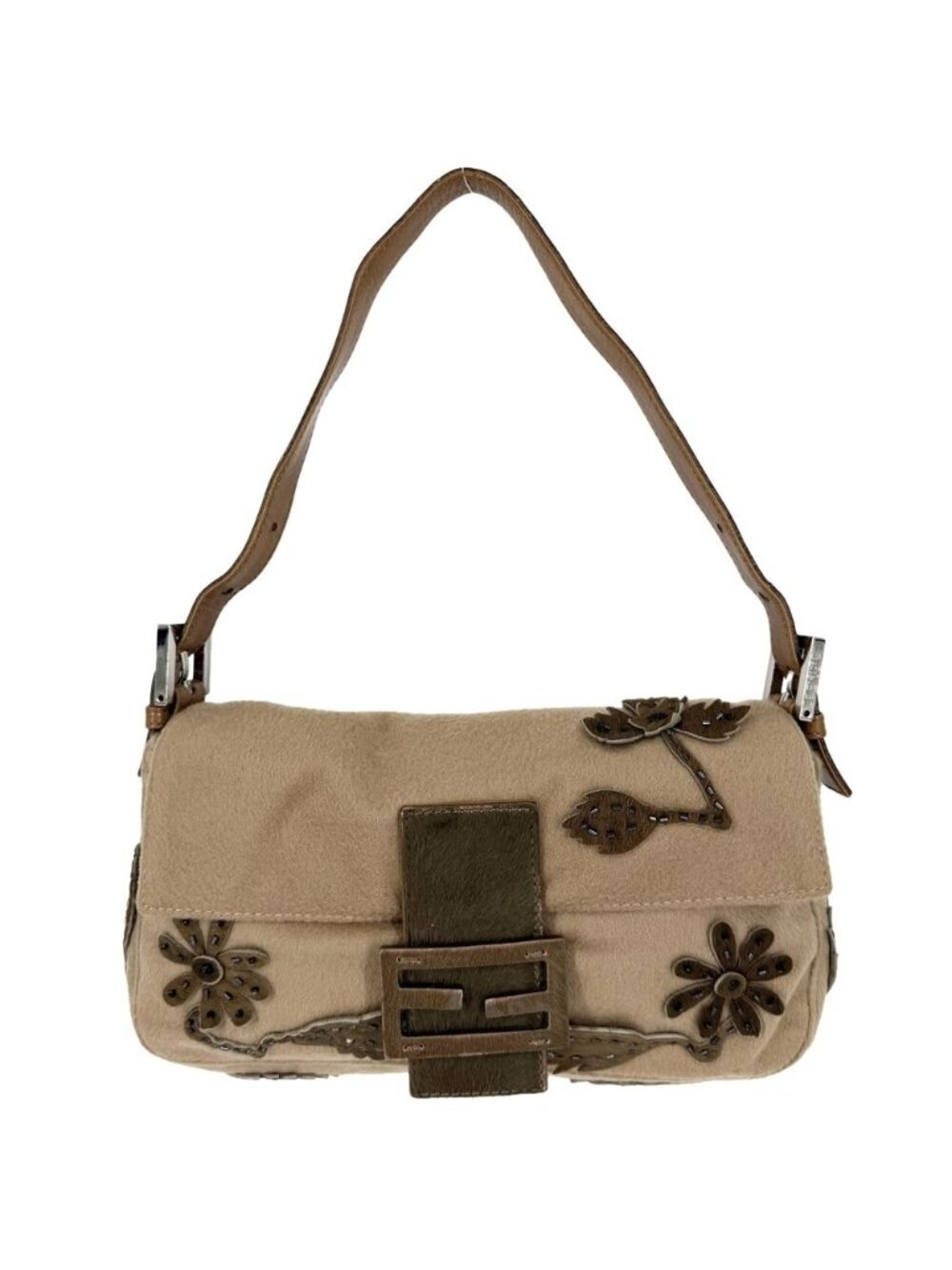Fendi Handbag Flower Motif Mamma Bucket Shoulder Bag Wool Calf Hair Beads Brown